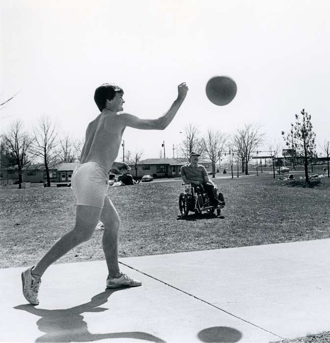 basketball, Cedar Falls, IA, shadow, Iowa, Outdoor Recreation, wheelchair, ball, Iowa History, history of Iowa, UNI Special Collections & University Archives, Sports