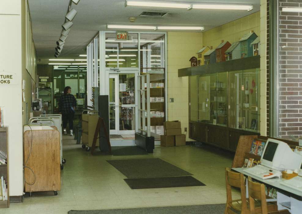 Leisure, Waverly Public Library, display case, library entrance, history of Iowa, Iowa, Iowa History