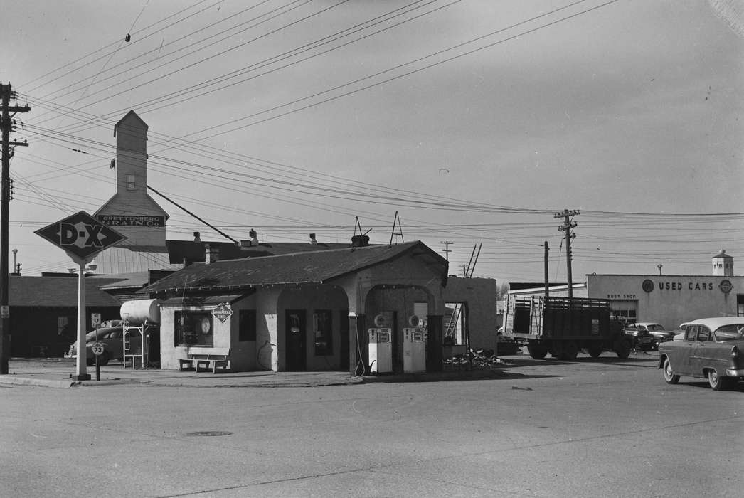 Businesses and Factories, Iowa, used cars, IA, United States, Photos, historic, Motorized Vehicles, dx gas station, Coon Rapids, Coon Rapids Enterprise, history, grain elevator, ladder, ia, auto body shop, power lines