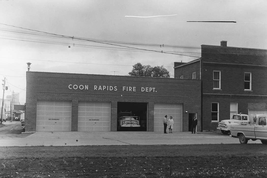 history, Photos, power lines, Labor and Occupations, garage, fire department, Iowa, IA, Cities and Towns, Motorized Vehicles, pickup truck, brick building, United States, ia, Main Streets & Town Squares, Coon Rapids Enterprise, historic, fire truck, Coon Rapids