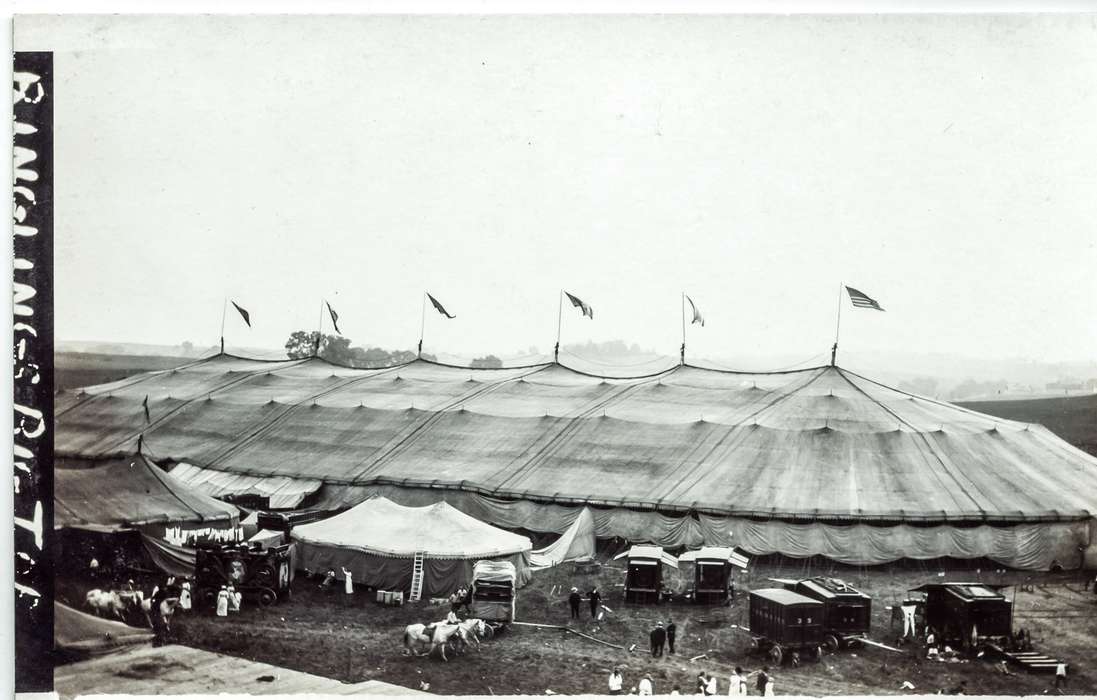 train car, tent, Labor and Occupations, Animals, circus, history of Iowa, Iowa, Iowa History, Anamosa, IA, Entertainment, flag, horse, Anamosa Library & Learning Center