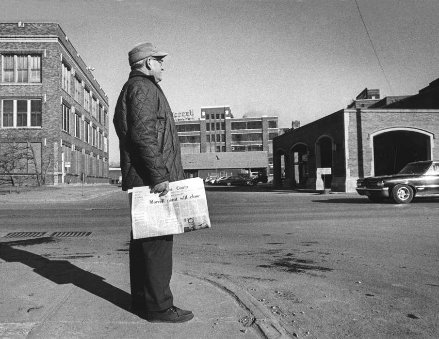 Lemberger, LeAnn, Ottumwa, IA, car, Main Streets & Town Squares, downtown, street, street corner, Cities and Towns, shadow, Iowa History, Iowa, history of Iowa, Portraits - Individual, newspaper, Businesses and Factories