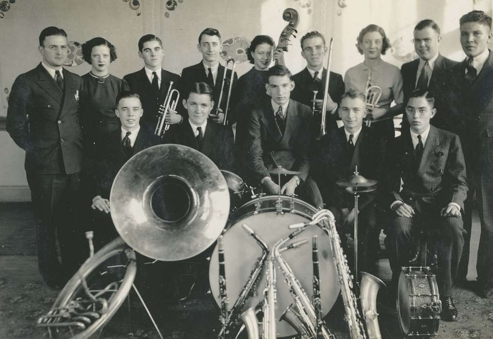 instruments, bass drum, Campopiano Von Klimo, Melinda, east high school, saxophone, band, Iowa, musical, correct date needed, Iowa History, trumpet, Des Moines, IA, Portraits - Group, orchestra, trombone, bass, history of Iowa