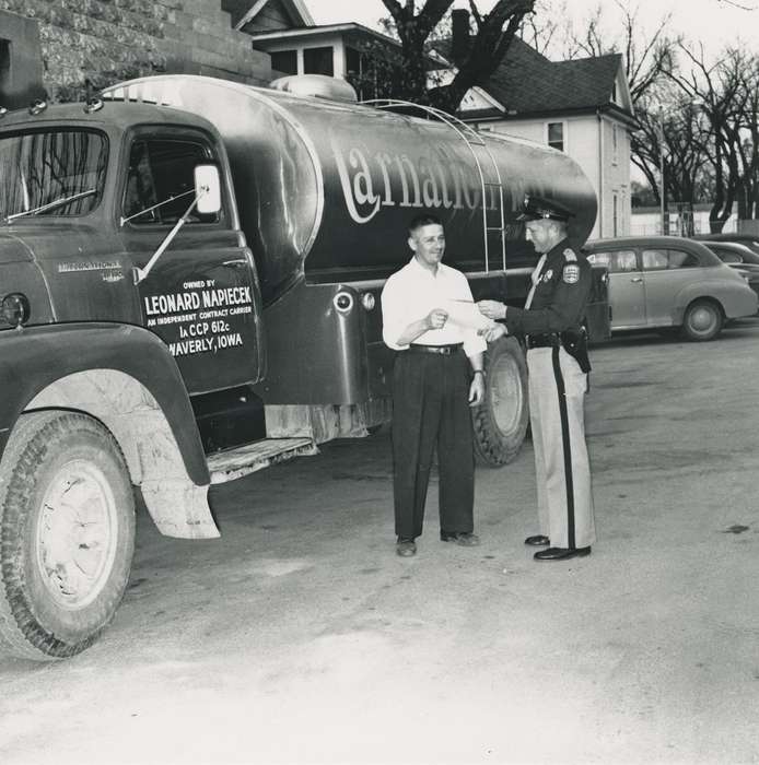 men, Iowa, truck, Iowa History, Waverly Public Library, milk truck, Labor and Occupations, IA, history of Iowa