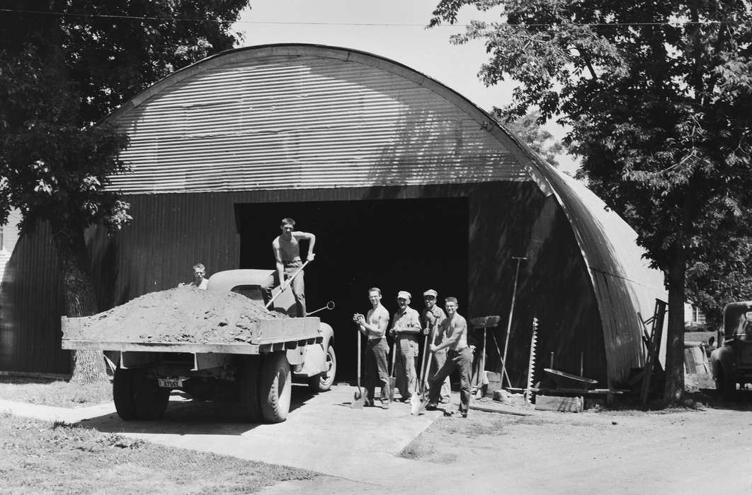 concrete, Portraits - Group, Iowa, IA, United States, Photos, historic, Labor and Occupations, Motorized Vehicles, Coon Rapids, dump truck, shoveling, Barns, history, ia, Coon Rapids Enterprise, metal building
