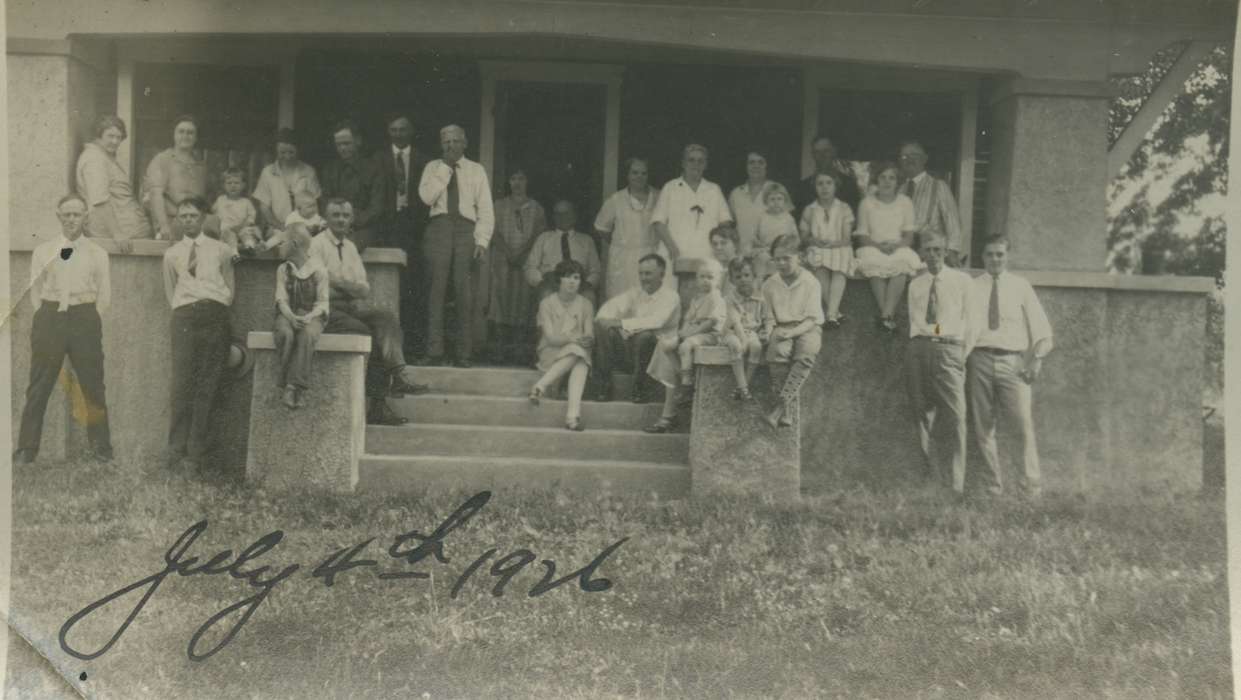 family, friends, independence day, front porch, Outdoor Recreation, Mediapolis, IA, Iowa, Iowa History, july 4, lawn, Portraits - Group, necktie, Families, history of Iowa, 4th of july, Pate, Linda