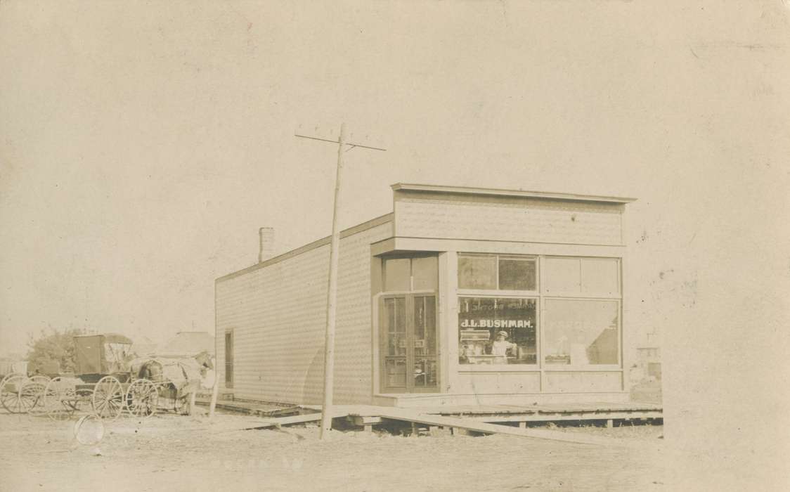 Businesses and Factories, telephone pole, general store, Iowa, Woden, IA, Main Streets & Town Squares, horse and buggy, Iowa History, history of Iowa, Cook, Mavis, Cities and Towns