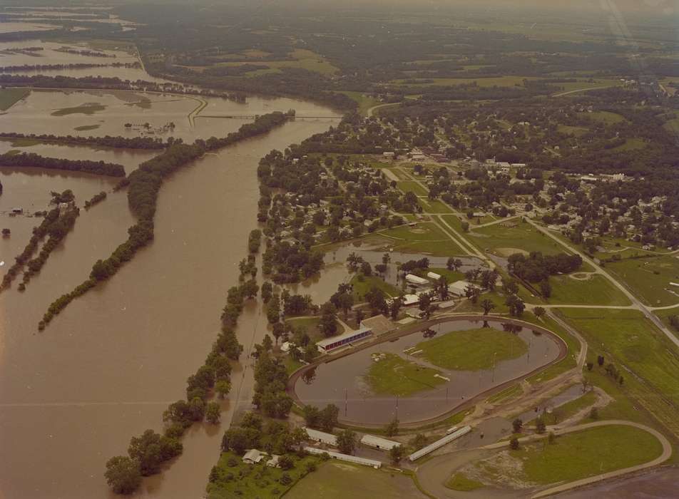 Lemberger, LeAnn, Eldon, IA, field, Floods, history of Iowa, Cities and Towns, Iowa, Iowa History, fairground, water, stadium, Businesses and Factories, river
