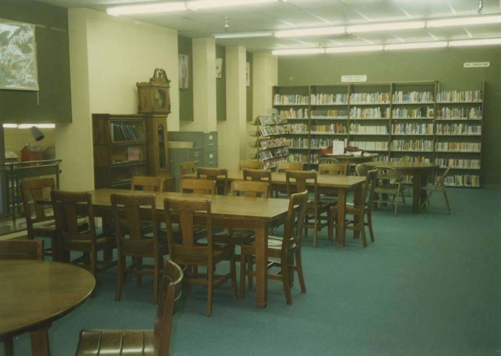books, bookshelf, Waverly Public Library, Iowa History, grandfather clock, Iowa, Leisure, history of Iowa, table and chairs