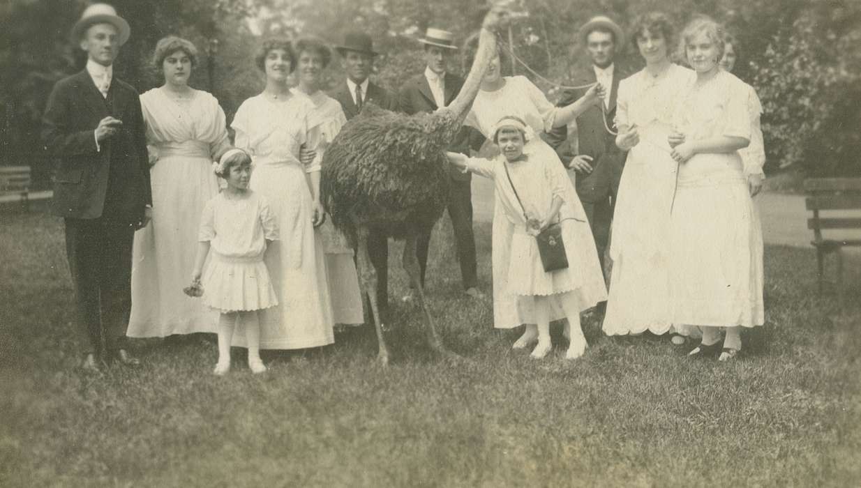 ostrich, history of Iowa, hat, flower girl, IA, Weddings, Portraits - Group, satchel, Iowa, Iowa History, LeQuatte, Sue, Animals