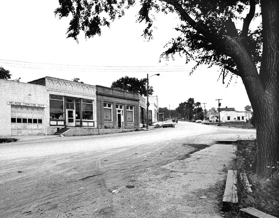 dirt road, storefront, Melrose, IA, Businesses and Factories, Motorized Vehicles, street light, fire department, history of Iowa, Lemberger, LeAnn, car, Iowa, Iowa History, bank, Cities and Towns, Main Streets & Town Squares, store