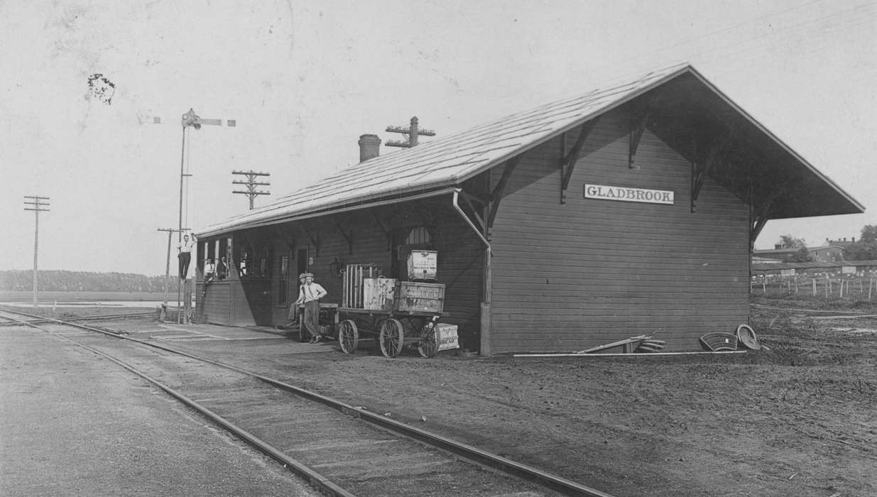 wagon, Iowa History, history of Iowa, Gladbrook, IA, Reinhard, Lisa, telephone pole, train tracks, Train Stations, Iowa