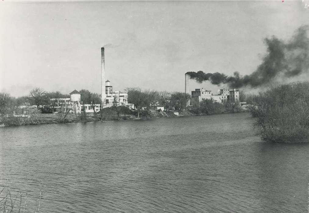 Lakes, Rivers, and Streams, Businesses and Factories, history of Iowa, smoke, Waverly Public Library, Iowa, trees, plant, sugar factory, Landscapes, Waverly, IA, Iowa History