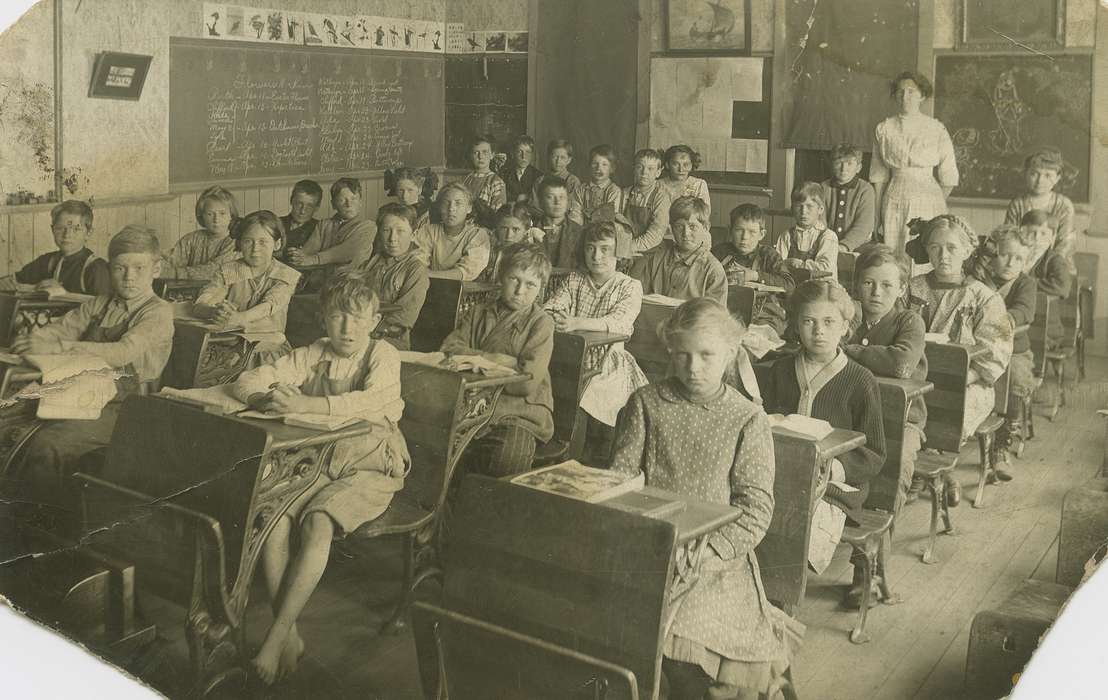 desk, chalkboard, correct date needed, Cities and Towns, dress, Portraits - Group, Children, Schools and Education, Coon Rapids Enterprise