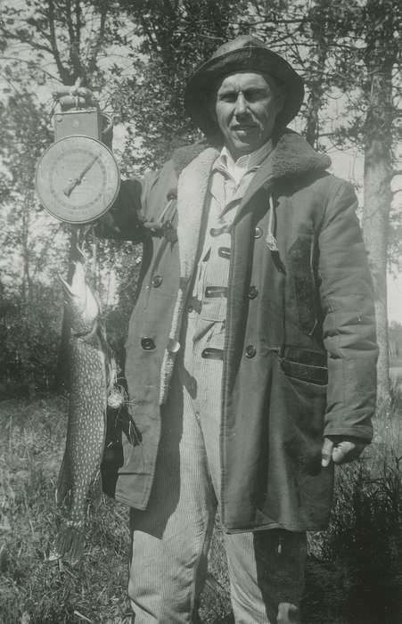 McMurray, Doug, Iowa History, Outdoor Recreation, Portraits - Individual, coat, fisherman's hat, fish, pickerel, Iowa, history of Iowa, Webster City, IA