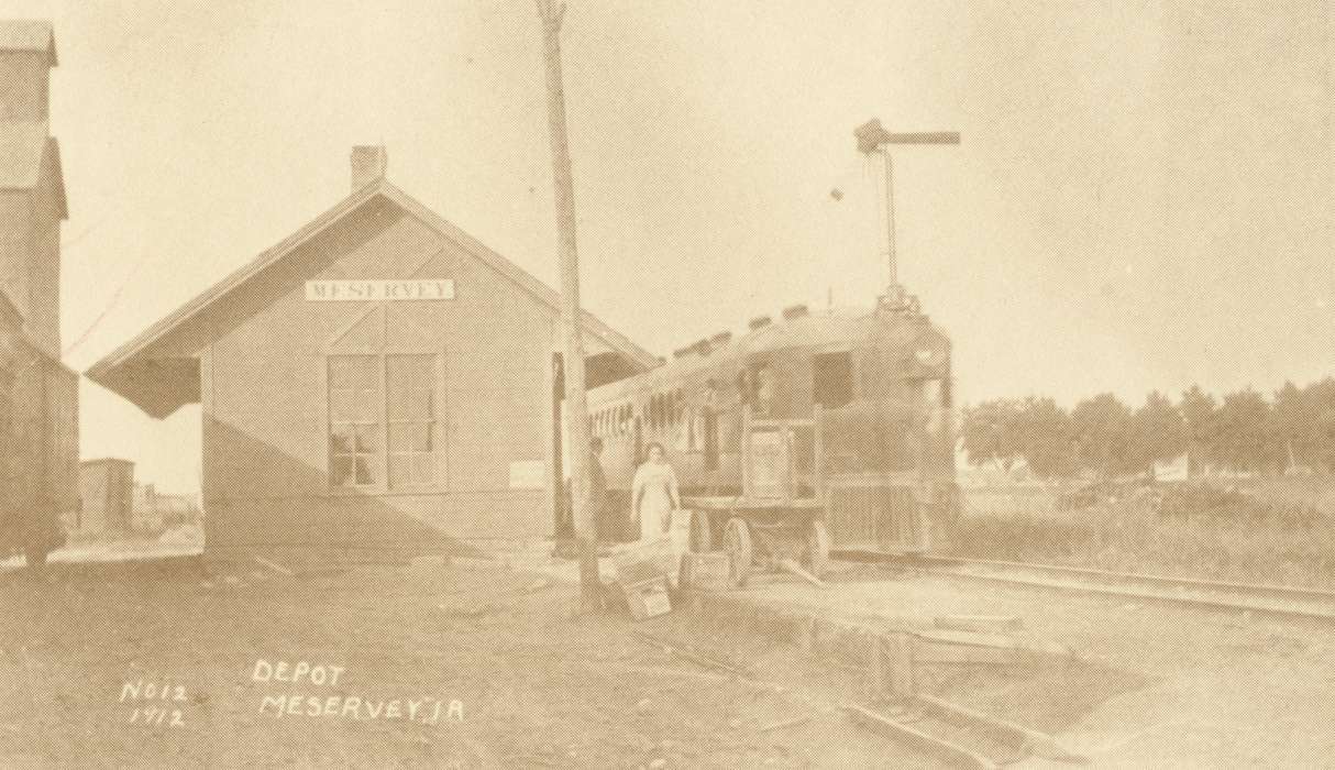 railroad, train, depot, Iowa History, Cook, Mavis, history of Iowa, Motorized Vehicles, Meservey, IA, Train Stations, Iowa, train tracks