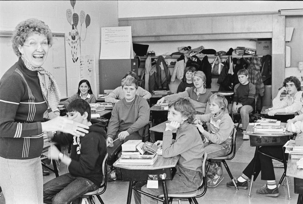 Coon Rapids Enterprise, Coon Rapids, student, historic, Winter, Schools and Education, ia, teacher, school desk, Iowa, smile, Portraits - Group, school, United States, Labor and Occupations, Children, scarf, history, Photos, IA, classroom