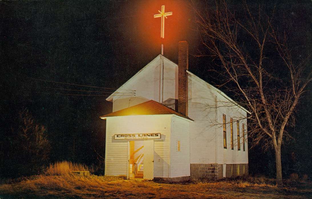 Religious Structures, church, Lemberger, LeAnn, tree, Iowa History, light, history of Iowa, night sky, cross, Iowa, Batavia, IA