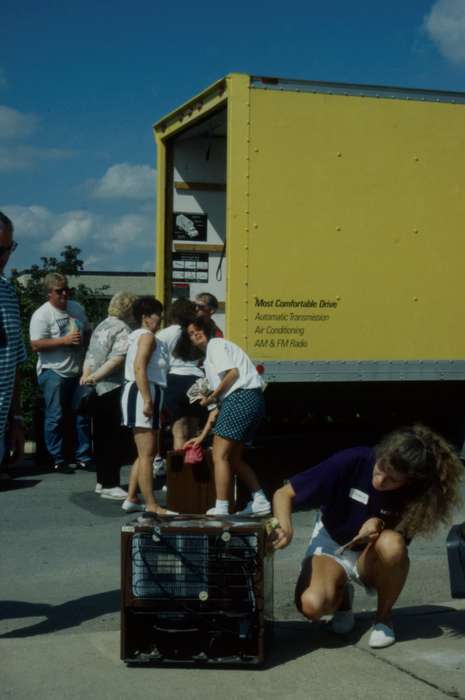 moving truck, history of Iowa, uni, parking lot, university of northern iowa, Iowa, Iowa History, Motorized Vehicles, Cedar Falls, IA, UNI Special Collections & University Archives, Schools and Education