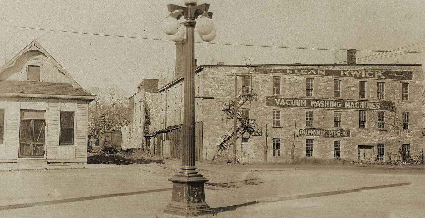 street lamp, IA, City of Cedar Falls, railroad track, Black Hawk, historic, Iowa, Cedar Falls, rail car, United States, Homes, ia, brick building, Businesses and Factories, Photos, stairs, history