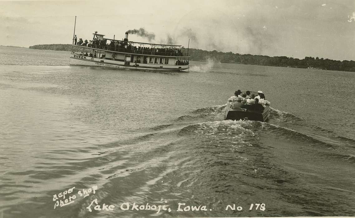 boat, Okoboji, IA, Outdoor Recreation, Iowa, lake, ferry, Iowa History, post card, Motorized Vehicles, history of Iowa, Lakes, Rivers, and Streams, Palczewski, Catherine
