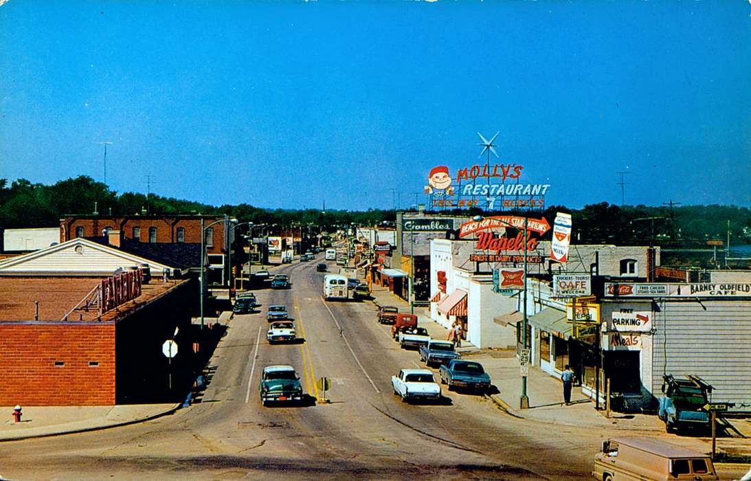 history of Iowa, Cities and Towns, restaurant, Ottumwa, IA, car, main street, sign, sky, Iowa History, Iowa, Motorized Vehicles, Main Streets & Town Squares, Lemberger, LeAnn