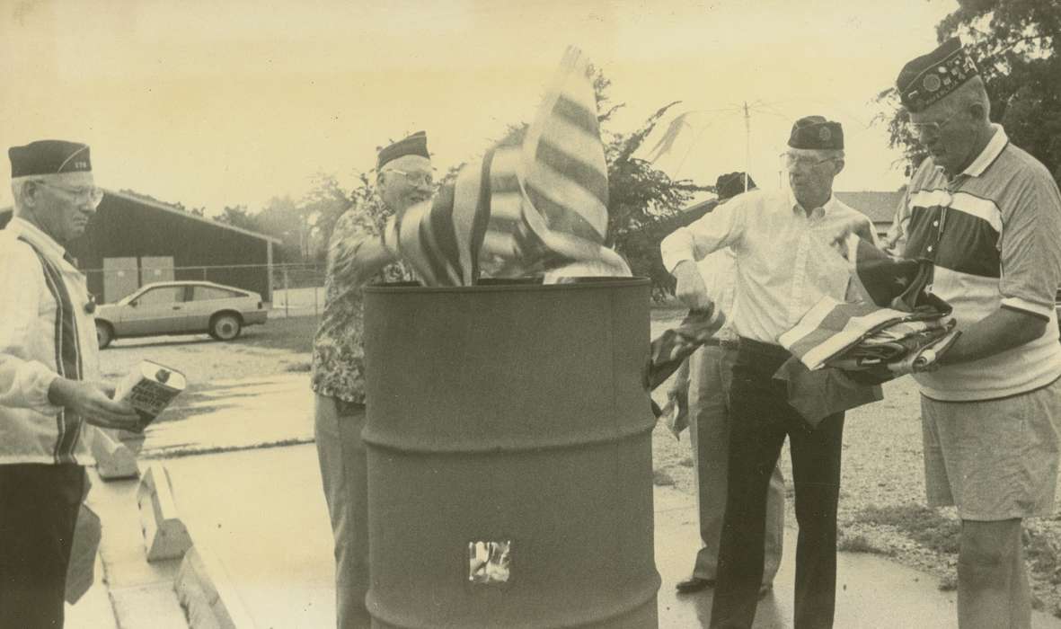 barrel, Waverly Public Library, fire, group, Iowa History, Civic Engagement, Military and Veterans, american flag, Waverly, IA, american legion, Iowa, history of Iowa, hat, organization