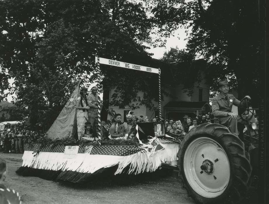 Motorized Vehicles, Denver, IA, history of Iowa, Children, costume, tractor, stereotype of native american, Entertainment, Iowa, Waverly Public Library, Iowa History, teepee, parade float, float