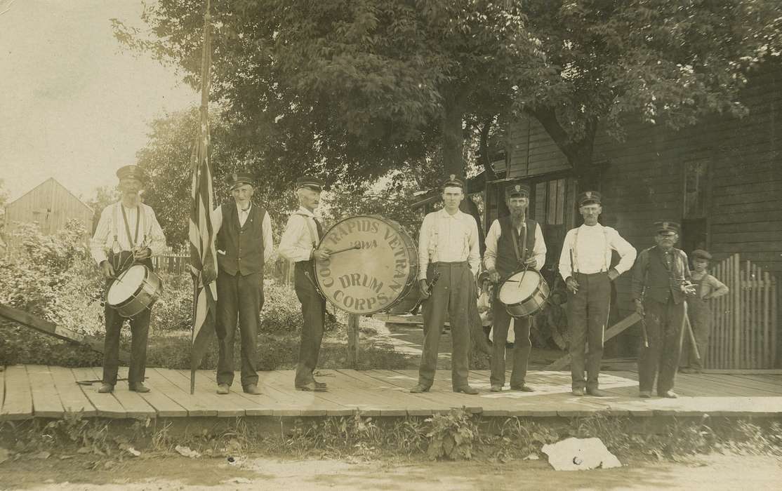 wood sidewalk, flag, Coon Rapids Enterprise, Military and Veterans, Portraits - Group, drum, hat, Cities and Towns, correct date needed, Main Streets & Town Squares