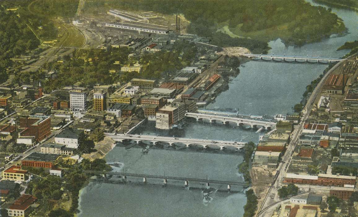 Aerial Shots, ia, river, IA, history, postcard, bridge, Cities and Towns, Waterloo, historic, Lakes, Rivers, and Streams, Olsson, Ann and Jons, Iowa, bridges, Black Hawk, United States, Photos