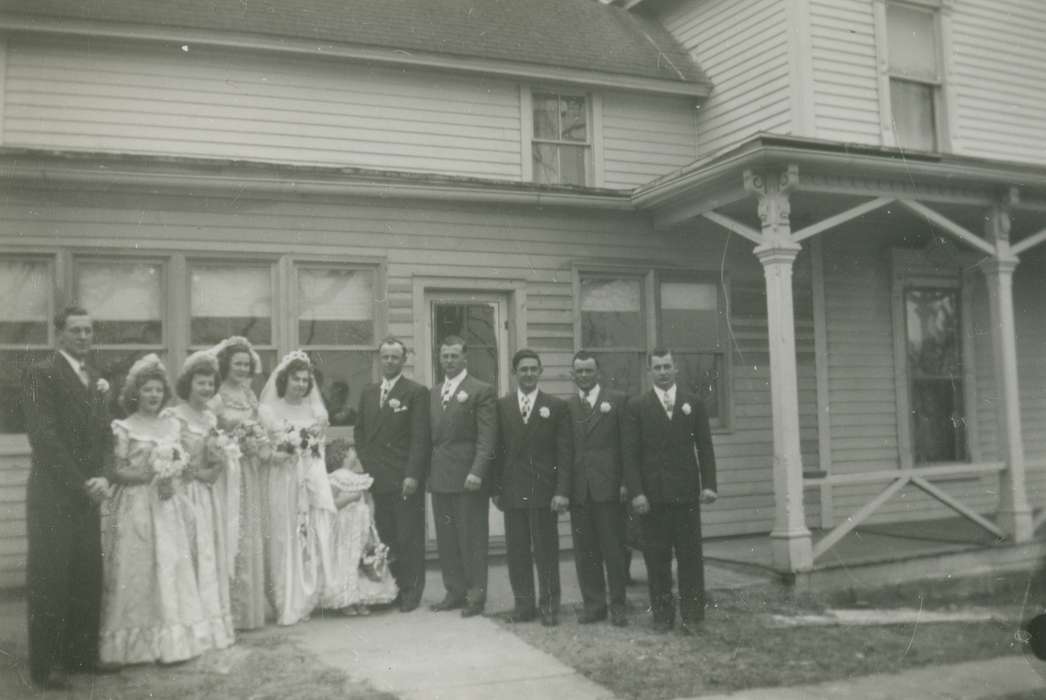 Weddings, wedding dress, Iowa, tuxedo, bride, Iowa History, bridesmaid, Schon, Mary, Portraits - Group, groom, IA, history of Iowa