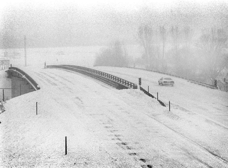 Winter, Eldon, IA, Lemberger, LeAnn, bridge, Iowa History, car, snow, Landscapes, storm, Iowa, history of Iowa, Motorized Vehicles