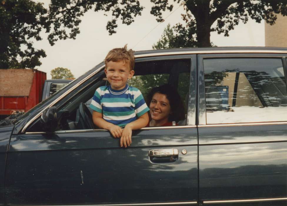 mother, window, smiling, Motorized Vehicles, car, Feeney, Mary, Eldridge, IA, Children, son, Iowa History, driver, Iowa, stripes, boy, history of Iowa