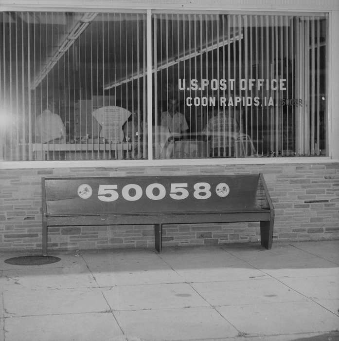 Labor and Occupations, ia, post office, Iowa, history, Businesses and Factories, IA, Coon Rapids, Photos, Coon Rapids Enterprise, historic, United States, bench, Cities and Towns