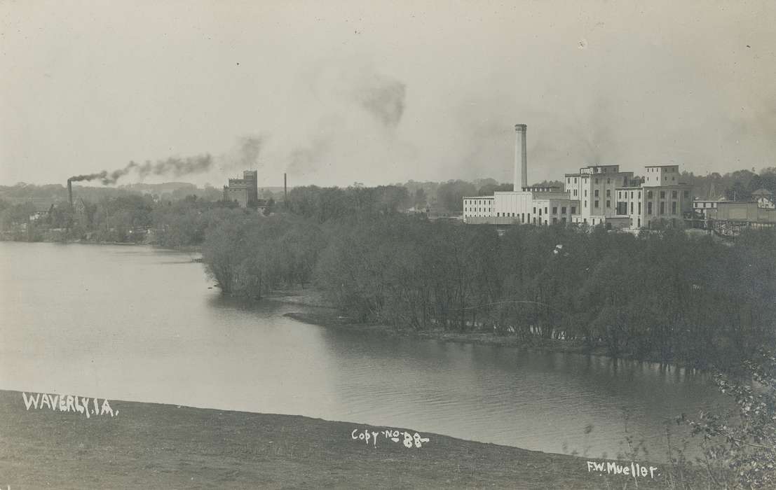sugar factory, Waverly Public Library, Cities and Towns, Lakes, Rivers, and Streams, smoke, Iowa History, brewery, Waverly, IA, Landscapes, trees, Iowa, history of Iowa, Businesses and Factories