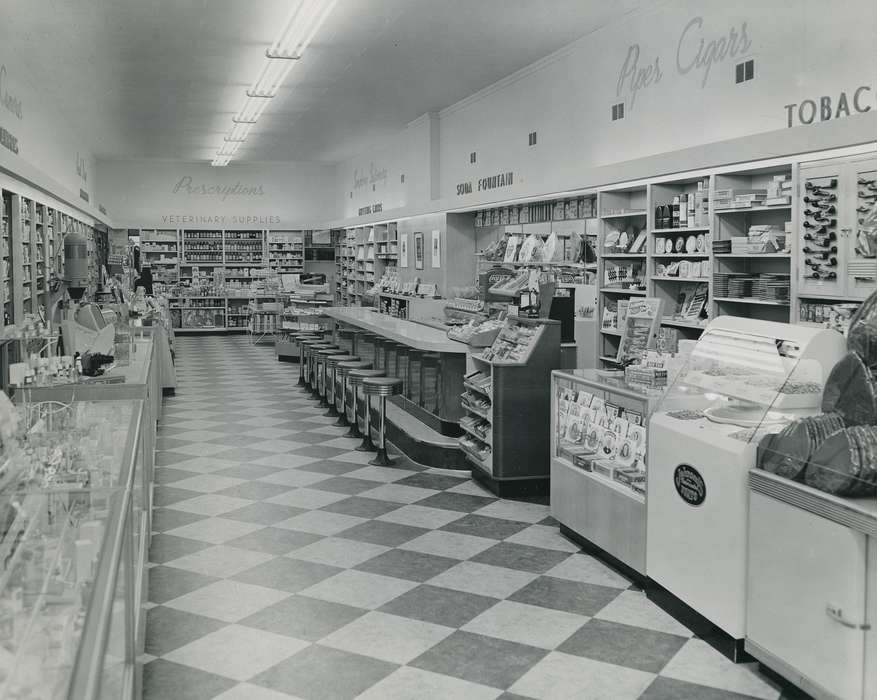 soda fountain, Iowa History, Businesses and Factories, Iowa, history of Iowa, Main Streets & Town Squares, pharmacy, Waverly Public Library, drug store, Cities and Towns