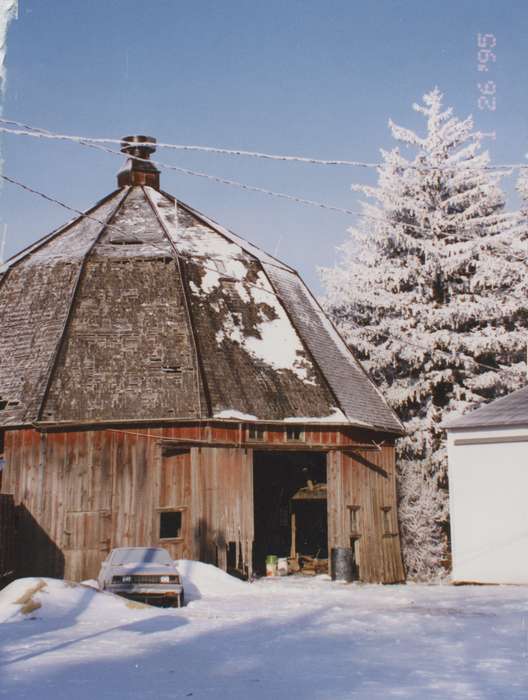Barns, Iowa, Iowa History, car, octagonal barn, Baker, Earline, snow, Motorized Vehicles, tree, Charles City, IA, history of Iowa, Winter