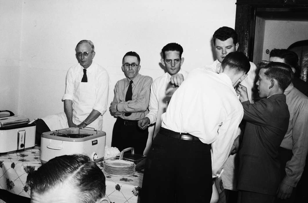 Iowa, glasses, apron, IA, suits, men cooking, barbeque, Food and Meals, United States, Photos, historic, Coon Rapids, history, Religious Structures, boys, Coon Rapids Enterprise, ia