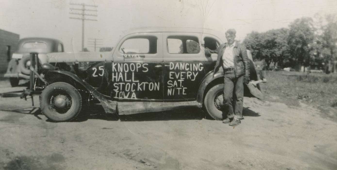 Stockton, IA, car, sign, Sports, Portraits - Individual, race car, Iowa History, Knutsen, Harry & Char, Iowa, racecar, Motorized Vehicles, history of Iowa, Entertainment