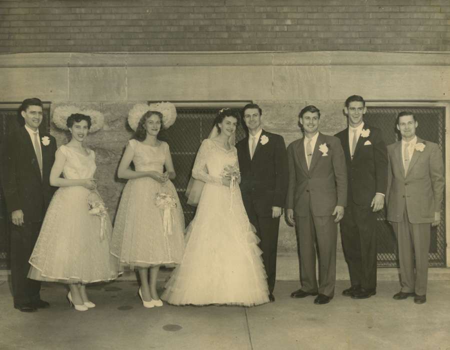 Weddings, bride, bouquet, Davis-Orwoll, Shirley, Iowa History, Dubuque, IA, groom, boutonniere, Families, Iowa, history of Iowa