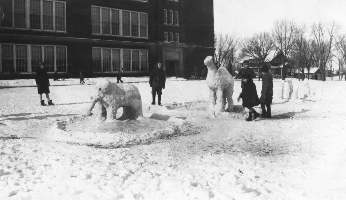 school, snow sculpture, Iowa History, snow, Schools and Education, history of Iowa, Spirit Lake, IA, recess, Suarez, Christine, Children, Iowa, Winter
