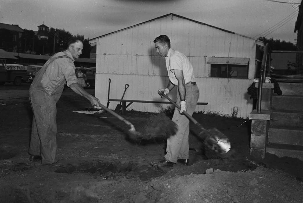 dirt, Iowa, gloves, IA, United States, Food and Meals, Photos, Labor and Occupations, two men, Coon Rapids, historic, shoveling, overalls, history, Religious Structures, ia, Coon Rapids Enterprise
