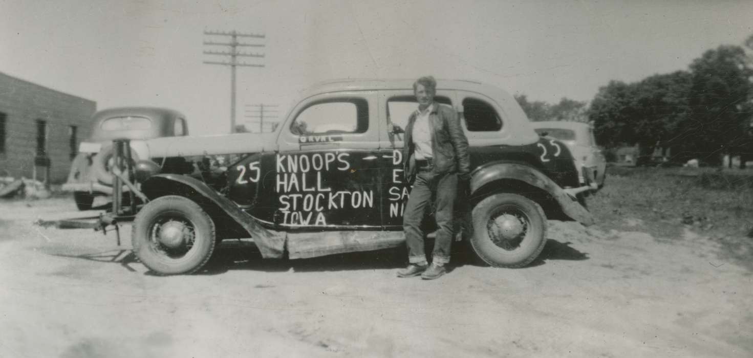 Knutsen, Harry & Char, Motorized Vehicles, history of Iowa, racecar, sign, Stockton, IA, car, Portraits - Individual, Entertainment, race car, Iowa, Iowa History, Sports