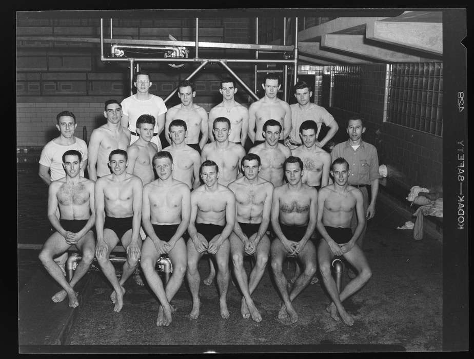 Archives & Special Collections, University of Connecticut Library, picture, team, Iowa, body, locker room, swim, Iowa History, history of Iowa, Storrs, CT, men