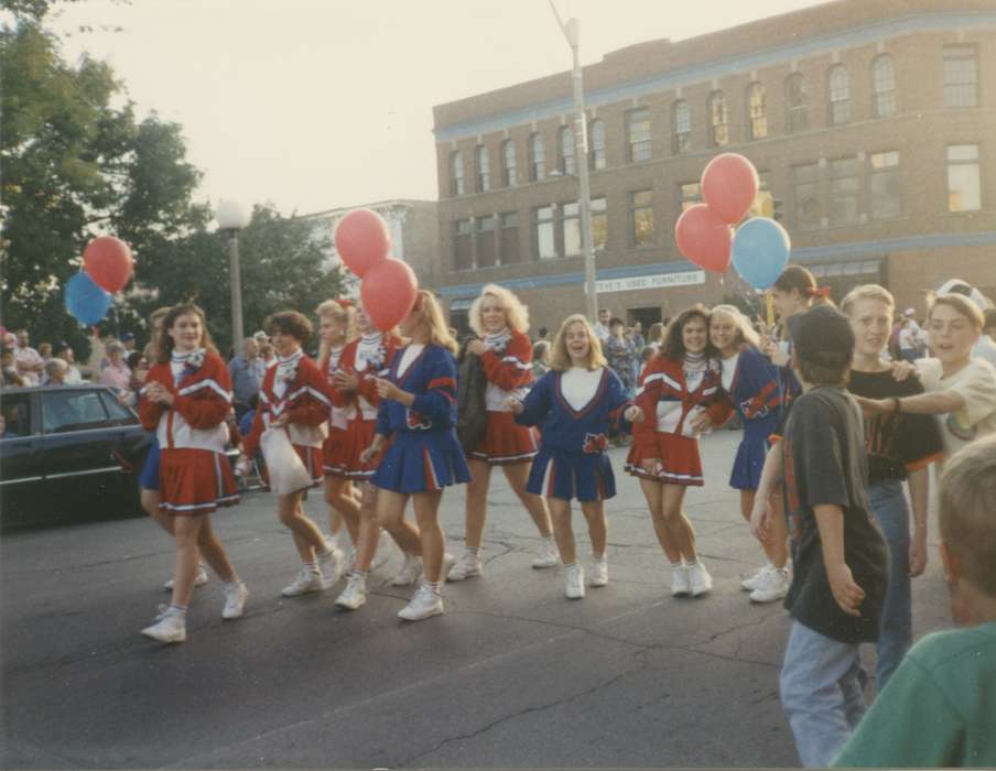 Main Streets & Town Squares, parade, Wilson, Anna, Cities and Towns, Iowa, Children, Iowa History, Entertainment, IA, cheerleaders, history of Iowa, balloon