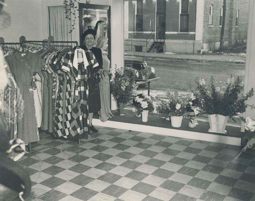vase, Main Streets & Town Squares, Waverly Public Library, flowers, mannequin, checker, dresses, hat, plaid, Cities and Towns, storefront, history of Iowa, Iowa, Iowa History, tile, Businesses and Factories