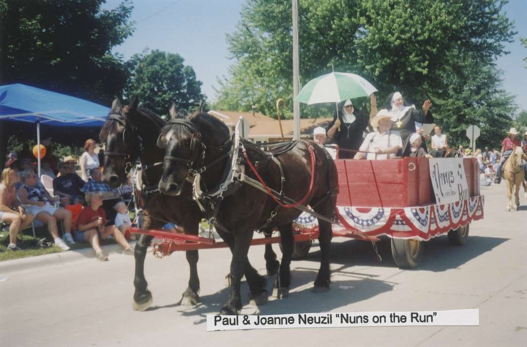 Animals, parade, fourth of july, Fairs and Festivals, Holidays, horses, Johnson County Historical Society, parade float, Religion, nuns