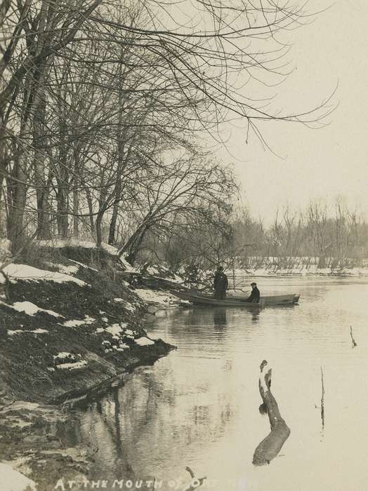 IA, City of Cedar Falls, Black Hawk, Landscapes, historic, Iowa, Cedar Falls, United States, Photos, ia, barren tree, snow, Lakes, Rivers, and Streams, Winter, riverbank, boat, history
