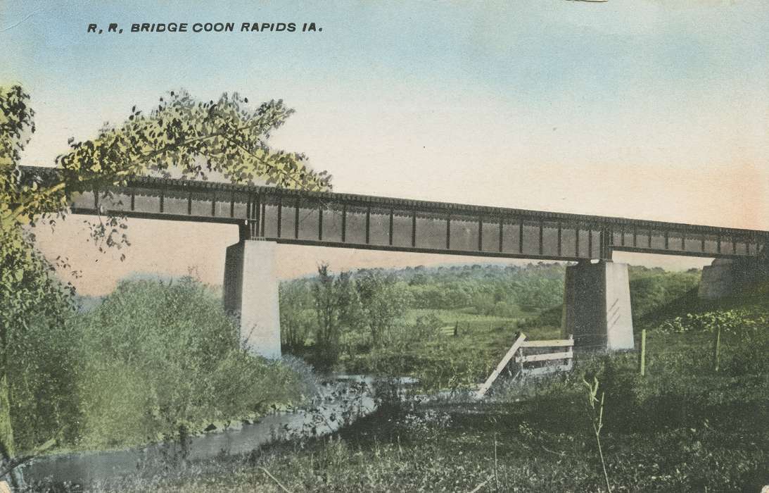 Landscapes, postcard, railroad, Lakes, Rivers, and Streams, correct date needed, bridge, Coon Rapids Enterprise, drawing