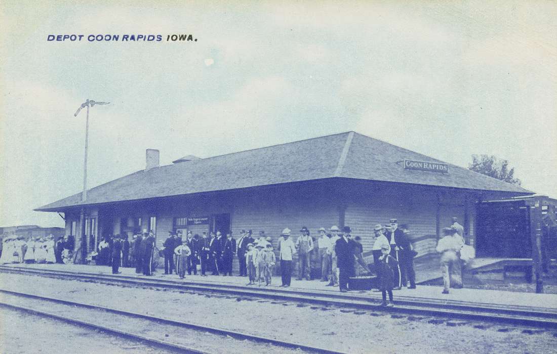 Train Stations, depot, correct date needed, Cities and Towns, Portraits - Group, Main Streets & Town Squares, Children, Families, Coon Rapids Enterprise, train tracks